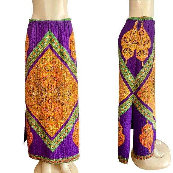 Vintage 70s Quilted Maxi Skirt by Loomtogs Bohemian Size S M in Purple Orange. - Picture 1 of 10